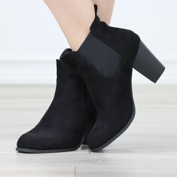 Womens Ankle Boots High Heel Black Elastic Gore Synthetic Suede Round Toe - Picture 4 of 10